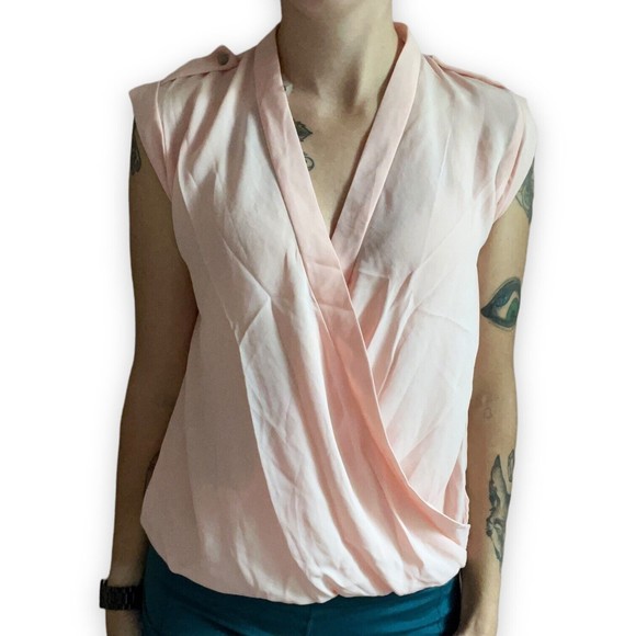Women's Wrap Top Blouse Pink Chiffon Sheer Draped Open Front Shirt Medium M - Picture 3 of 12